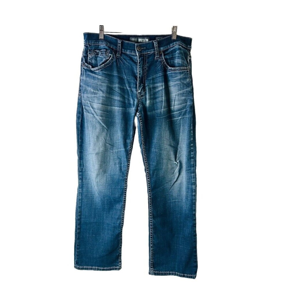 BKE Buckle Jacket Bootleg Bootcut Thick Stitched Denim Blue Jeans Mens 36 Short